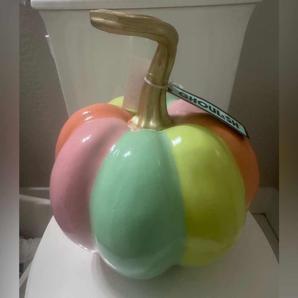 Summerween Colorful Rainbow Ceramic Pumpkin Decor With Gold Stem - Picture 4 of 5